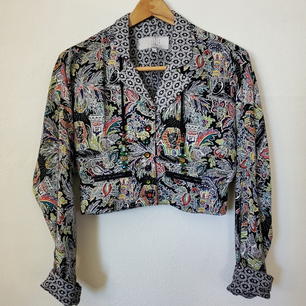 S Vintage 90's Egyptian Abstract Black White Crop Jacket with Bling Buttons